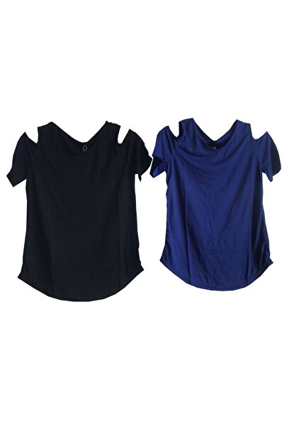dotın Set 2 tricouri dama, decolteu in V, decupaj la umeri, albastru negru, m...