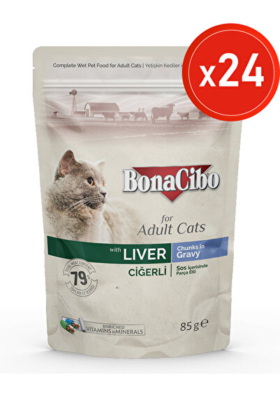 BonaCibo Soslu Ciğerli Pouch Yaş Kedi Maması, 85 Gr x 24 Adet, Tüm Irklar İçi...