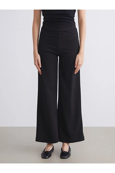 LC Waikiki Lcw Modest Black Elastic Waist Wide Leg Women's Trousers