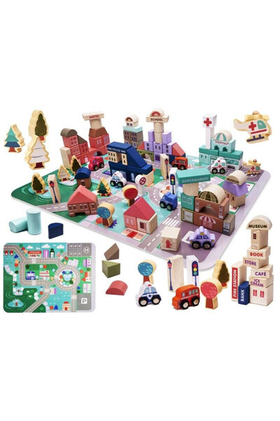 Ikonka Set 135 piese cuburi de construit Kik, Oras, Lemn, 3 ani+, Multicolor