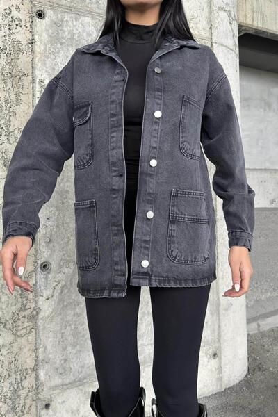 NEW LAVİVA Anthracite Wide Pocket Oversize Denim Jacket Shirt with Button Detail