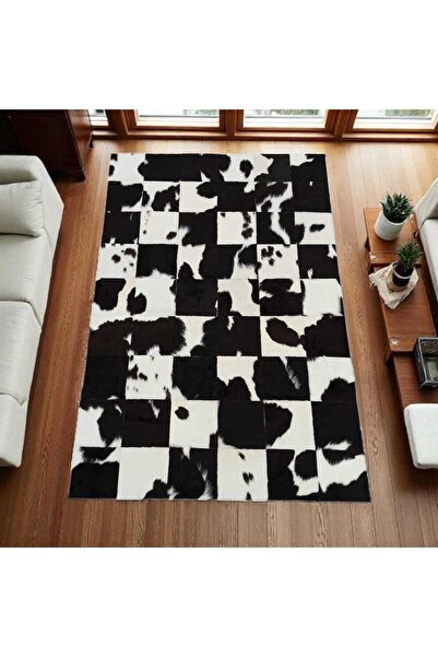 deco marié Siyah Beyaz Dana Derisi Patchwork Halı – Dalmaçyalı Desenli El Yap...