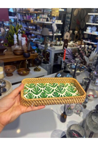 ÇIRPAN EV YEŞİL YAPRAK DESEN RATTAN MİNİ TEPSİ 21X12CM