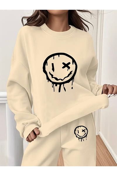 FUFLUNS Graphic Smiling Face Printed Unisex Cycling Collar Bottom/Upper Tracksuit Set