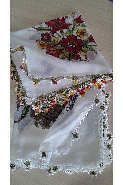 Papatyam 2 Pcs Handwork Crochet Writing/3 Side Embroidered/Crochet Embroidered Yemeni/Dowry Cheesecloth/100X100/Cotton Polyester