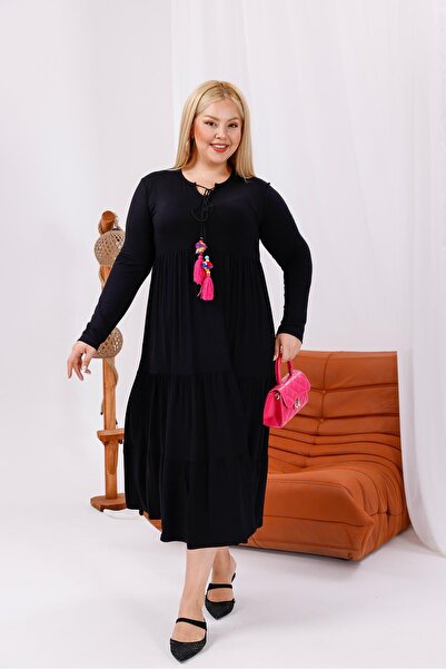 Siyezen Plus Size Flared Tassel Detailed Dress