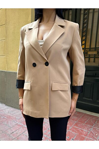 WeShaya Beige Two Button Polyester Linen Jacket