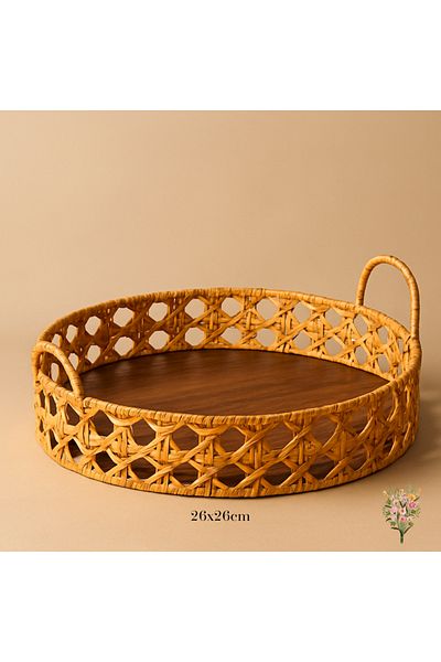 Strauss Home Natural Rattan Presentation Tray – 26X26X5 cm |   Handmade, Round, Decorative & Stylish