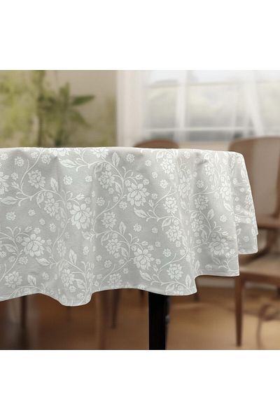DENISA-DO White teflon-coated cotton tablecloth with white flowers 180 cm round