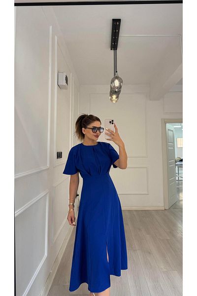 Daves Balloon Sleeve Flounce Atlas Fabric Dress-Blue