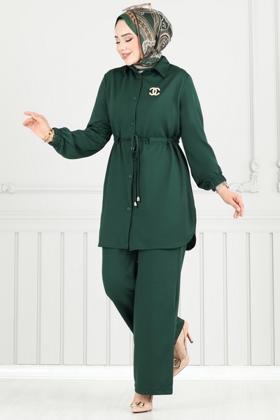 ModaMerve Beli Tünelli Tesettür Takım 410DVL817-MS Zümrüt