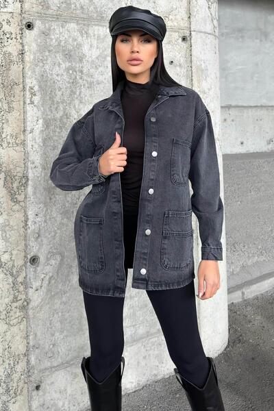 NEW LAVİVA Anthracite Wide Pocket Oversize Denim Jacket Shirt with Button Detail