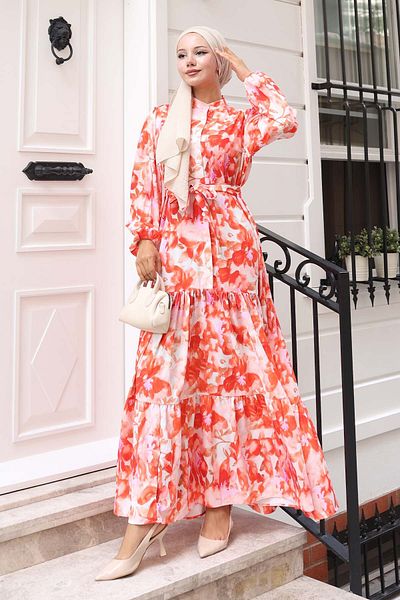 benguen Patterned Hijab Dress Orange 576
