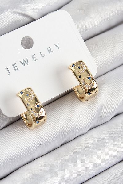 SeyCey.co Brass Zircon Stone Moon Patterned Model Gold Color Women's Earrings