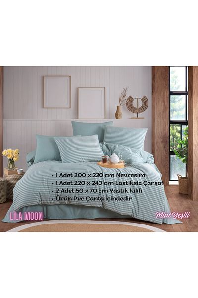 Beğenal Mint Green Colored Natural Striped Double Duvet Cover Set