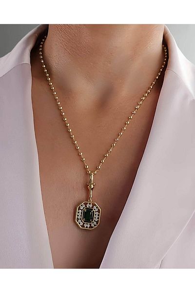 Eva Takı Store Serenay Green Emerald Look Ball Chain Gold Color Necklace