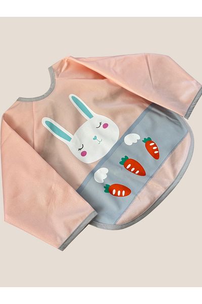 BETSY STUDIO Rabbit Patterned Light Pink Liquid Proof Sleeved Food & Activity Bib (6-18 Months)