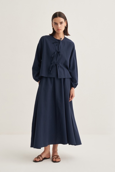 EBU Prive Kadın Organik Pamuk Bağcıklı Bluz Etek Takım Lacivert