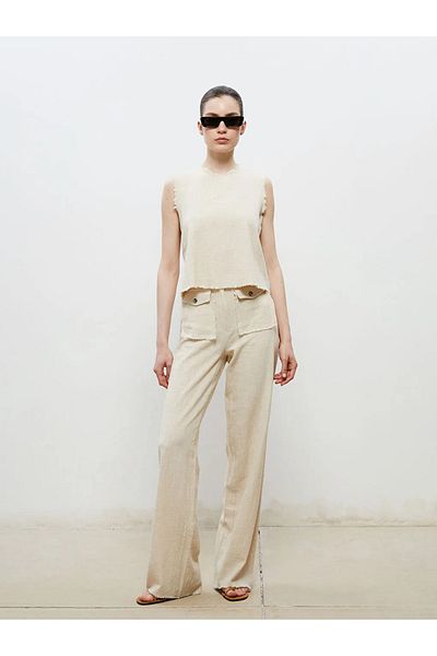 LC Waikiki Soulife Beige Crew Neck Ripped Detailed Linen Blend Blouse