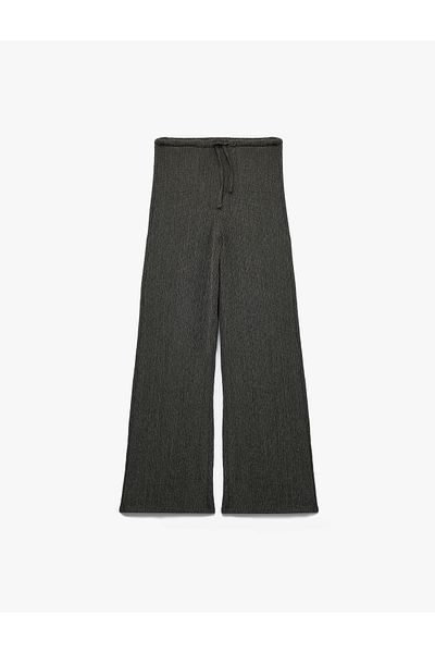 Koton High Waist Comfortable Fit Wrinkle Viscose Blend Wide Leg Pants with Tie-Up Waist
