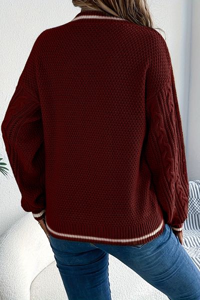 TRQOM Women's Striped V-Neck Knitted Patterned Sweater Burgundy
