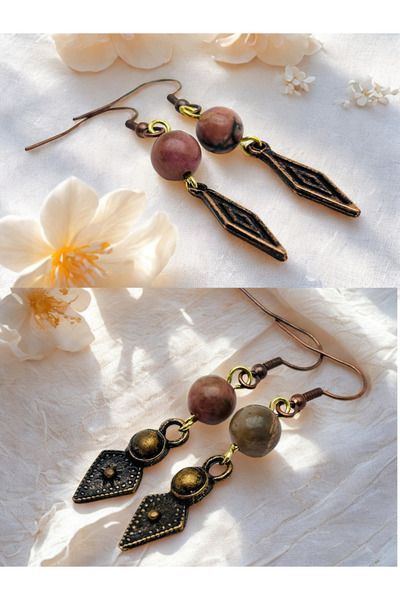 ayrestyle مجموعة أقراط رودونيت ورودونيت من الحجر الطبيعي مكونة من قطعتين