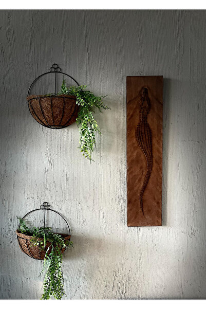 Store Rustik Tarz Ahşap Oyma Timsah Tablosu mistik doğa