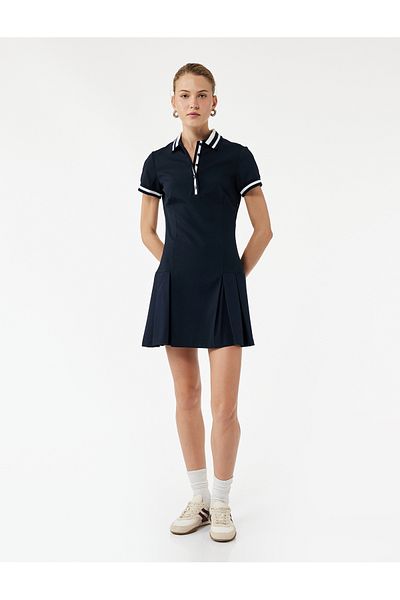 Koton Half Button Pleated Short Sleeve Mini Polo Neck Dress