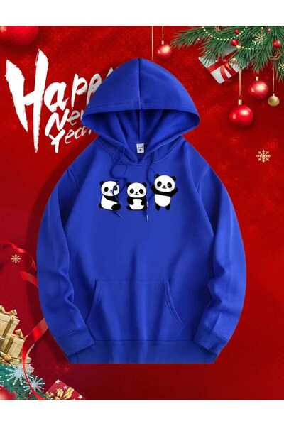 caddekombin Сладко пуловерче с качулка, джобове и подплата от вълна, с принт на панди отпред и отзад