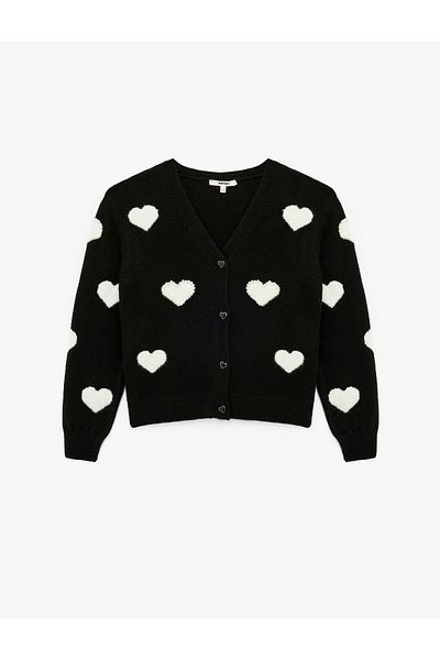 Koton Long Sleeve Button Beaded V Neck Heart Knitwear Cardigan