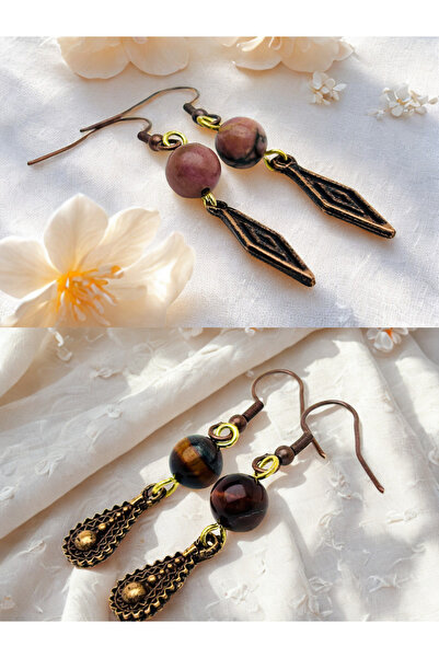 ayrestyle مجموعة أقراط رودونيت وعين النمر من الحجر الطبيعي مكونة من قطعتين