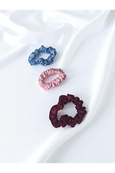 BeyzHal Kadın Saten Küçük Scrunchie 3'lü Saç Lastik Toka Seti - Mavi, Pembe, ...