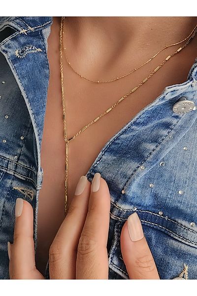 Eva Takı Store Double Y Top Model Thin Elegant Gold Color Necklace