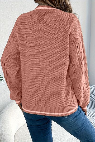 TRQOM Women's Striped V-Neck Knitted Patterned Sweater Powder