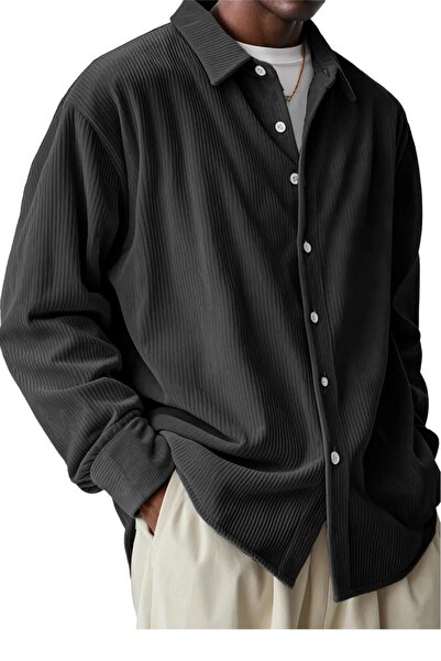 NO 601 Чоловіча чорна сорочка з фігурним коміром з тканини Ottoman Oversize
