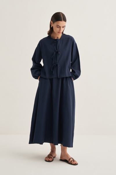 EBU Prive Kadın Organik Pamuk Bağcıklı Bluz Etek Takım Lacivert