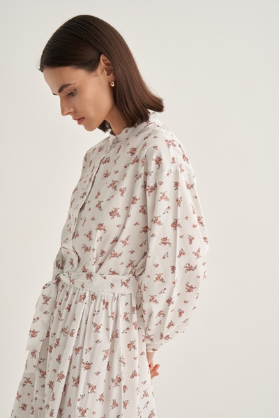 EBU Prive Γυναικείο φόρεμα με κορδόνια ποπλίνας με στρώσεις με λουλουδάτο σχέδιο εκρού