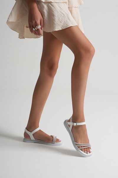 Nexs Women's Spiral Stripe Stone Ankle Strap Flat Sole White Sandals