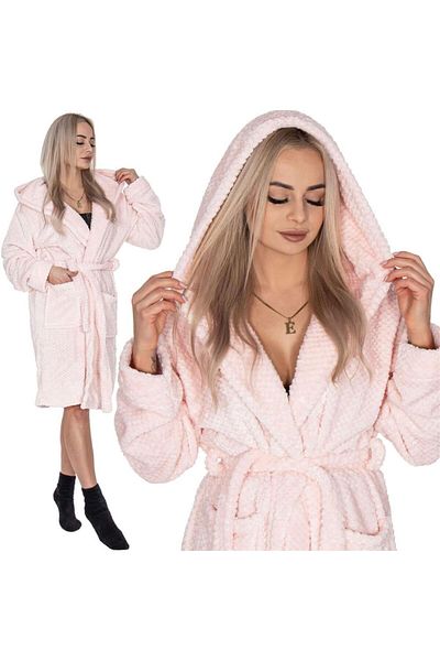 SERSIMO Women's knee-length bathrobe with hood, size S/M, pink