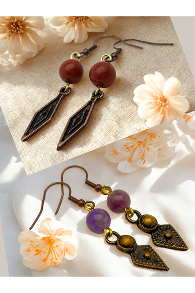 ayrestyle طقم أقراط من حجر الجاسبر والأميثيست الطبيعي مكون من قطعتين