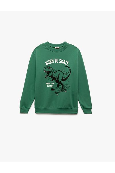 Koton Raised Long Sleeve Crew Neck Dinosaur Printed Sweatshirt