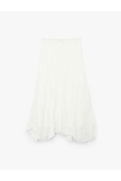Koton Asymmetrical High Waist Cotton Blend Lace Midi Skirt