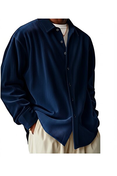 NO 601 Чоловіча темно-синя сорочка з фігурним коміром з тканини Ottoman Oversize