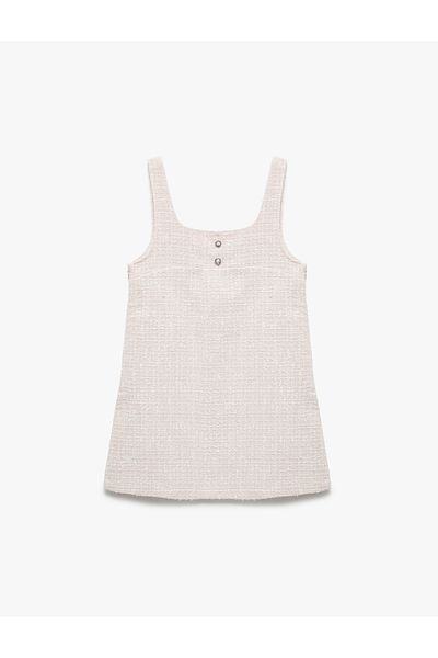 Koton Square Neck Sleeveless Button Detail Tweed Gilet Dress
