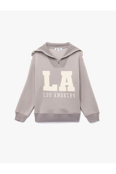 Koton Raised Long Sleeve Half Zipper Teddy Bear Embroidered Oversize Sweatshirt