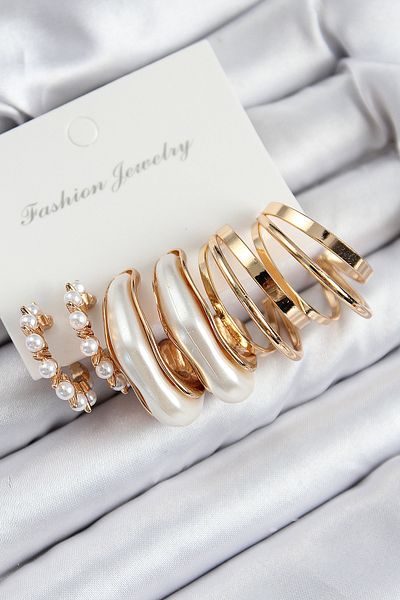 SeyCey.co Brass Pearl Ring Model Gold Color Women's Set Earrings