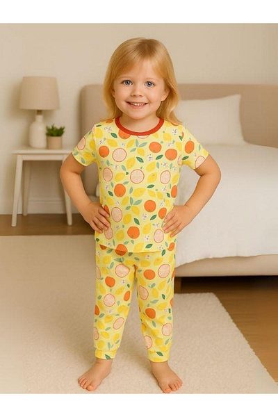 Zekids Girls' Cotton Fruit Pattern Short Sleeve Pajama Set