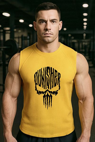 BESSA Yellow Sports Tank Top Crew Neck Punisher Printed Sleeveless Oversize Fit Tank Top Fitness Men