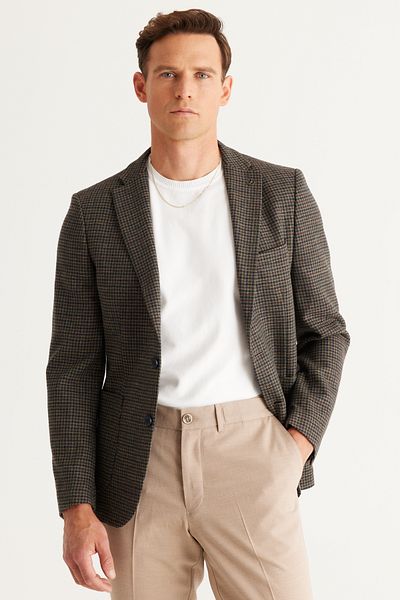 ALTINYILDIZ CLASSICS Men's Brown-Navy Slim Fit Slim Fit Mono Collar Linen Blended Checked Woolen Jacket