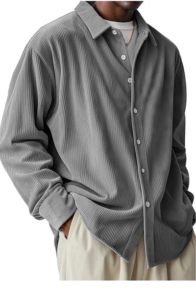 NO 601 Men's Gray Corded Ottoman Fabric Oversize Shirt
